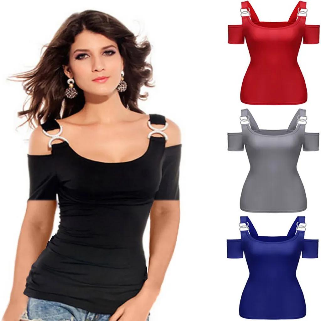 Women T-shirt Solid Off Shoulder Tops Metal Buckle Strap Summer Short Sleeve Sexy Tops Female Tees Solid Tshirt Ropa